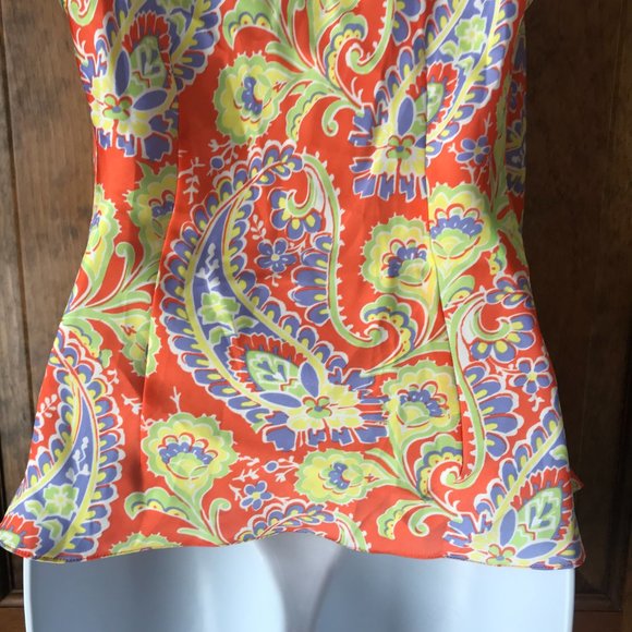 Lauren Ralph Lauren Orange w/Blue Yellow Green Paisley Sleeveless Top 6 Petite - Picture 10 of 11